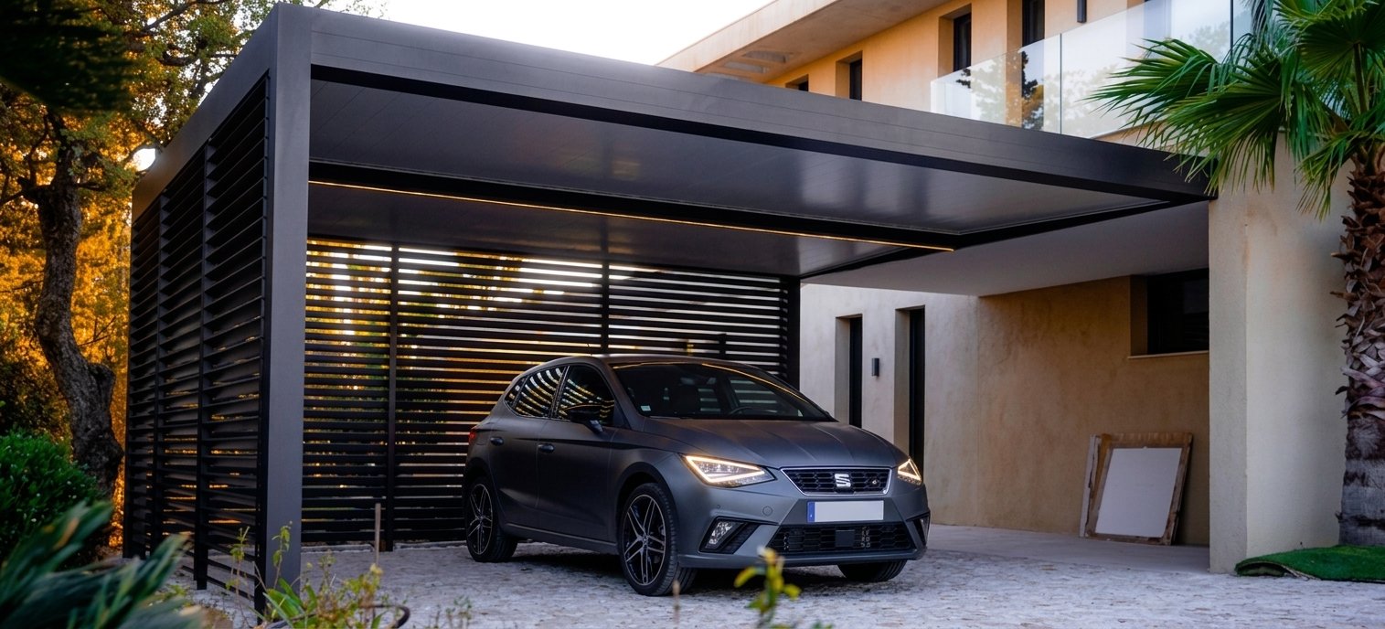 Carport en bois abritant une voiture électrique près de sa borne de recharge